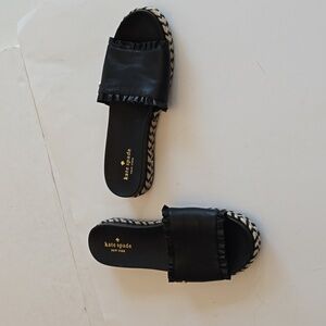 Kate Spade Zahara Black Leather Slip on Ruffle Trim Espadrilles Slides Size 8M